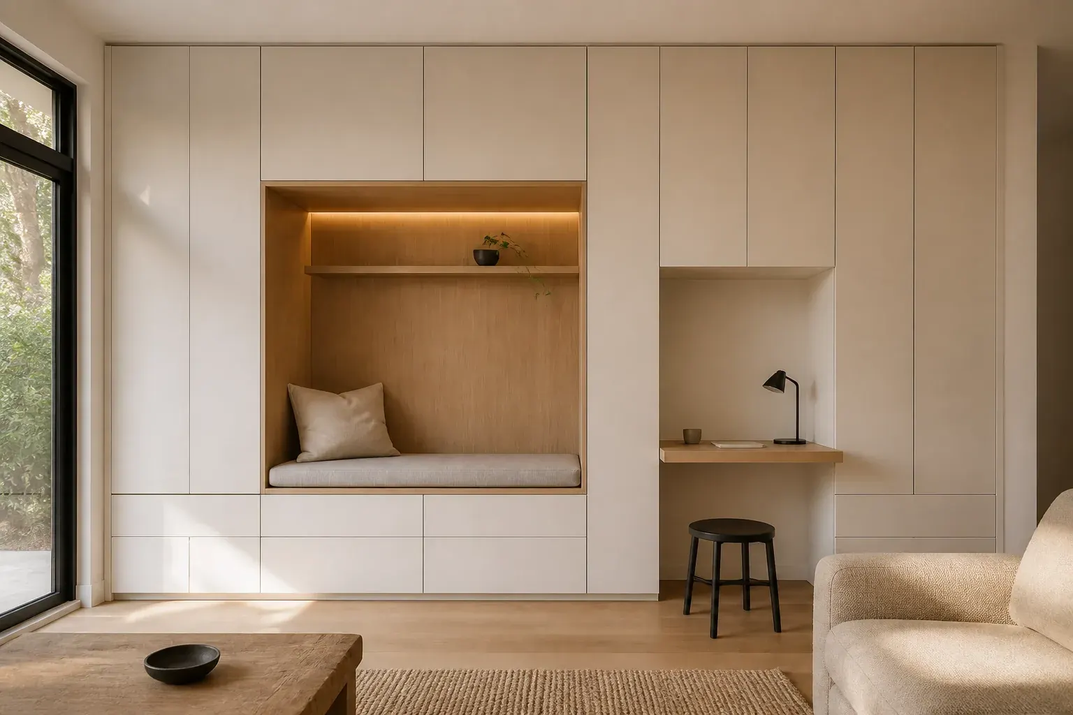 Living room built-in with oak reading nook, lit shelf and floating desk in Bellevue
