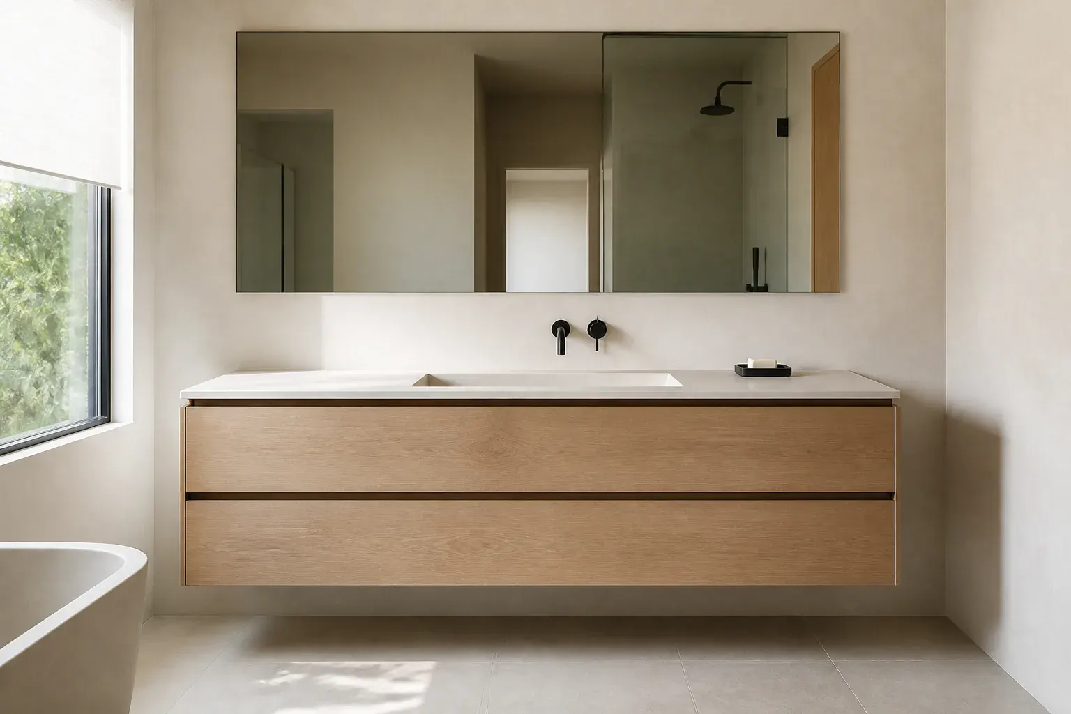 Floating white oak bathroom vanity with limestone counter in Redmond