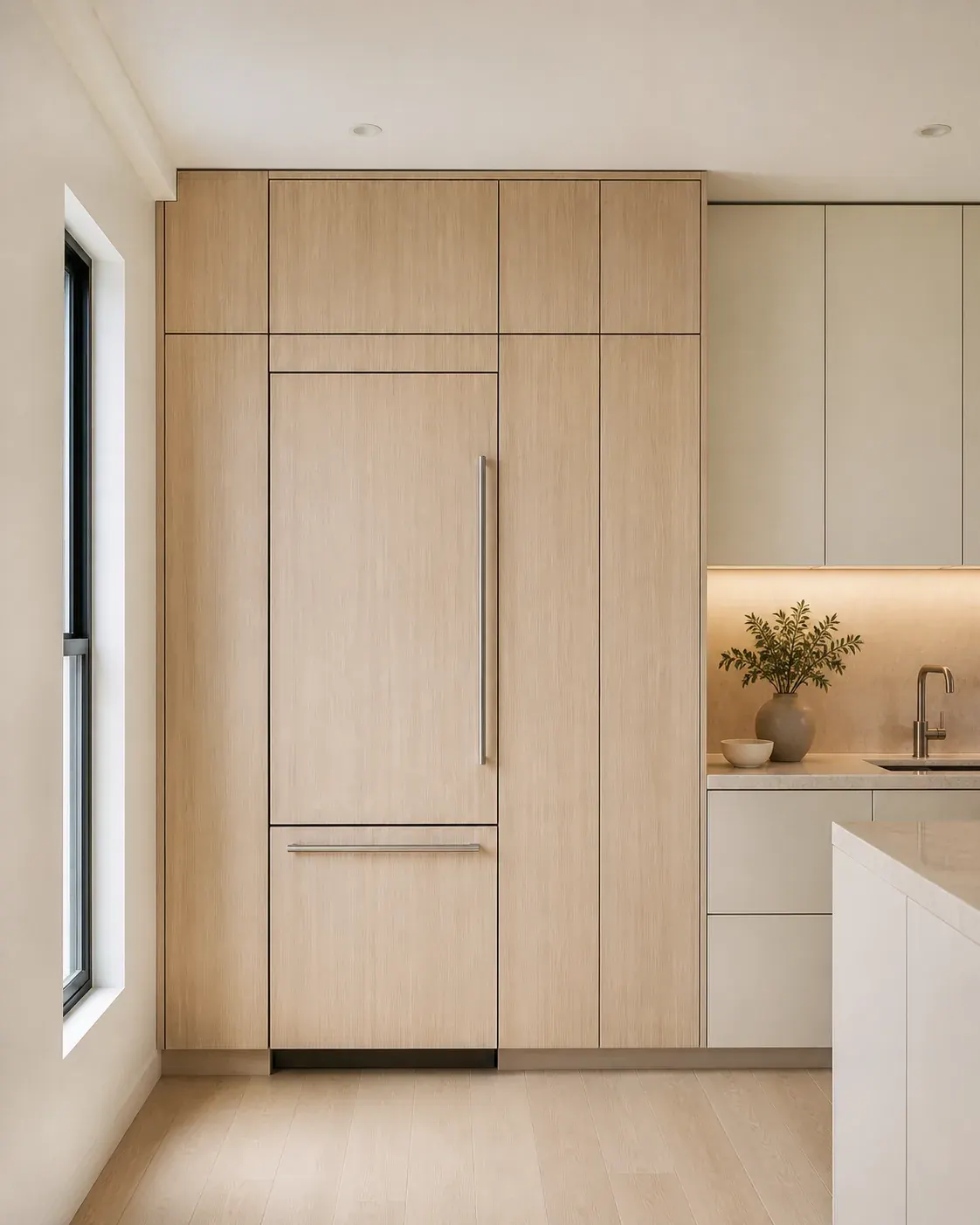Floor-to-ceiling rift-cut white oak storage wall with integrated appliances in Kirkland